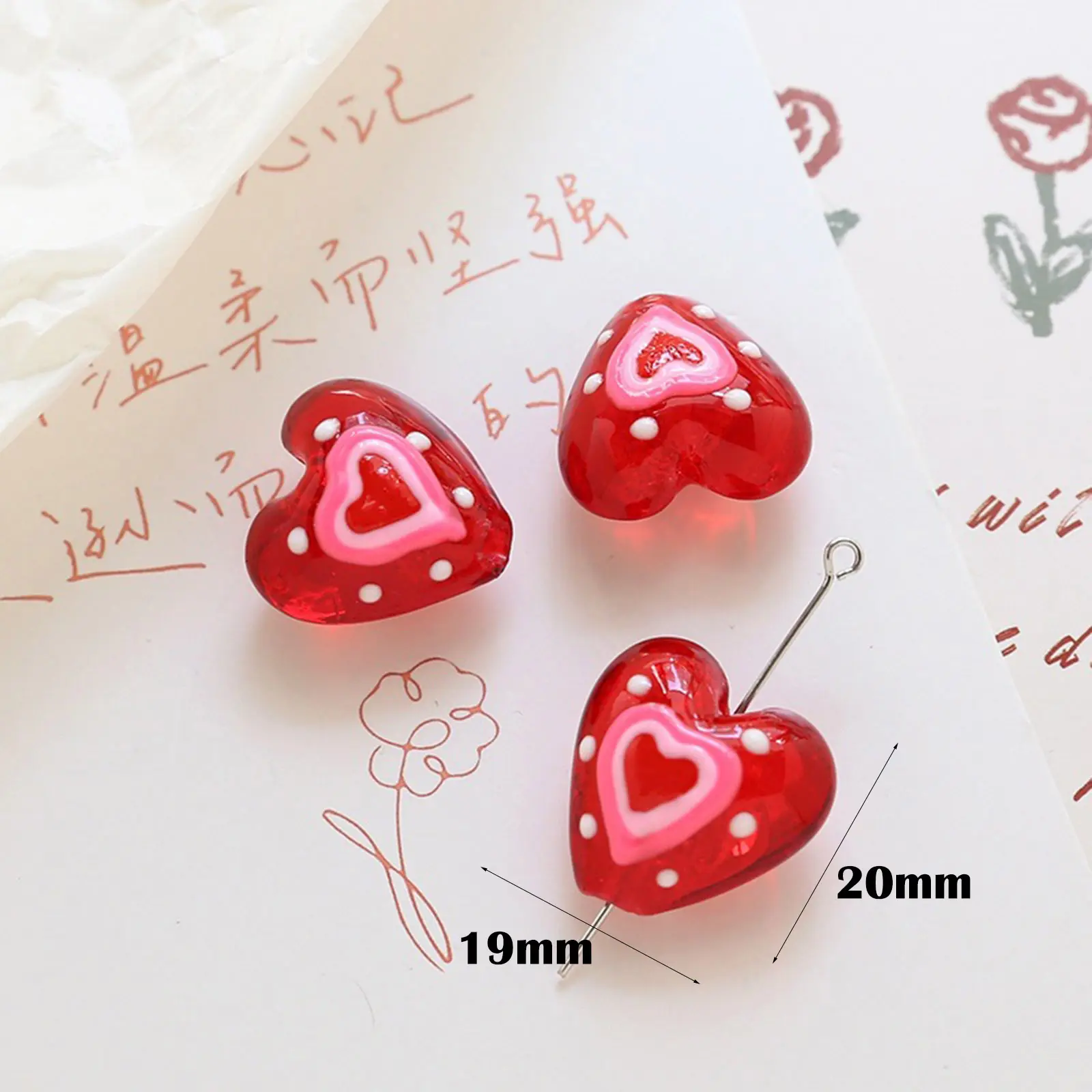 Lampwork Glass Heart Beads For DIY Charm Jewelry Making Heart Love Red Dot Handmade About 20mm x 19mm, Hole: Approx 1.8mm, 2 PCs