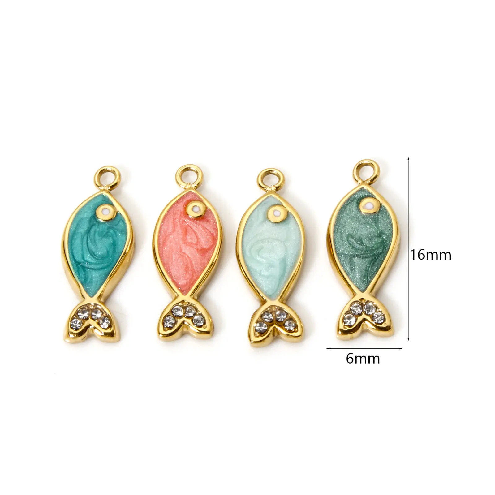 1 Piece 304 Stainless Steel Ocean Jewelry Charms 14K Gold Plated Fish Animal Enamel Clear Rhinestone Pendants Necklace 6mm x 6mm