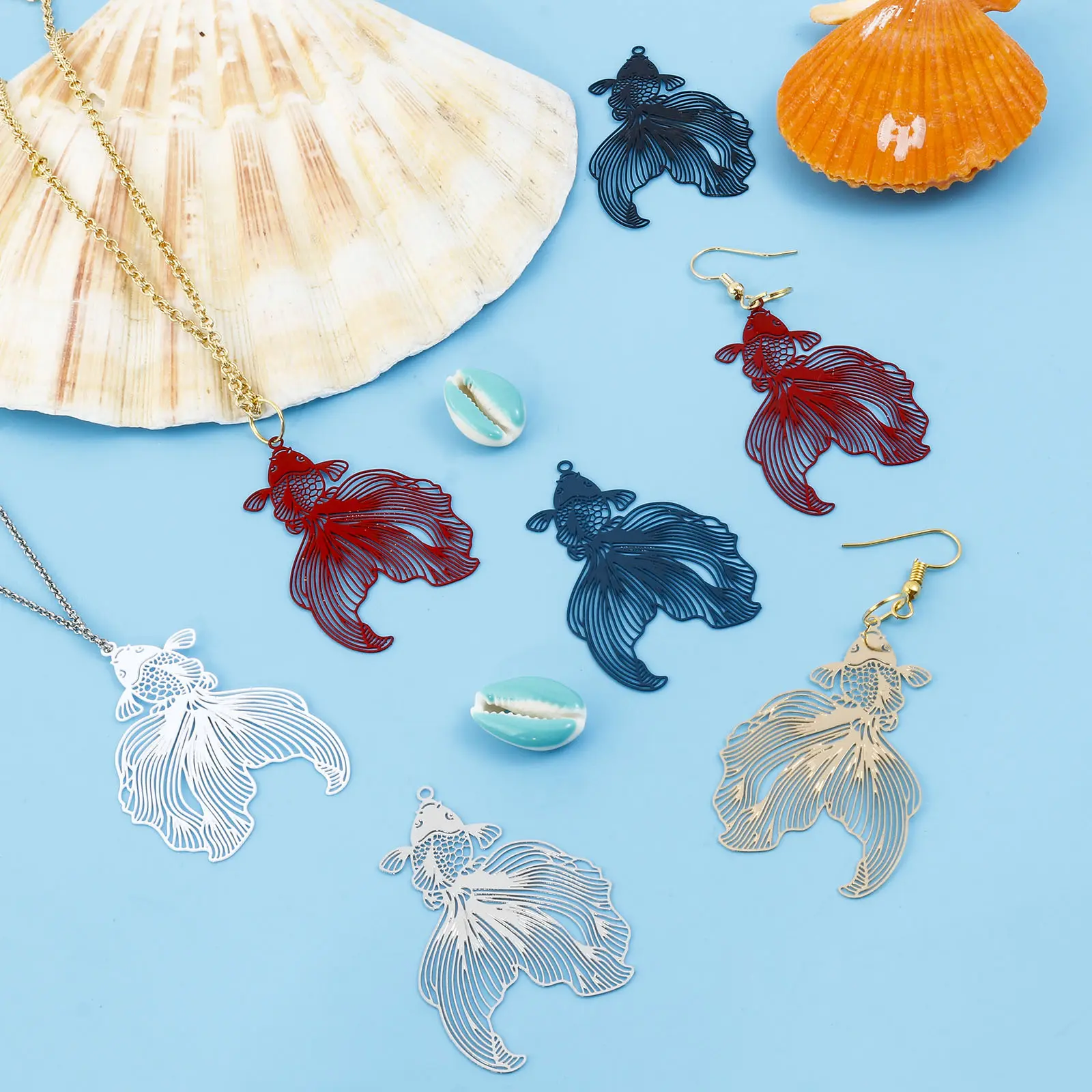 10PCs Iron Alloy Filigree Stamping Pendants Multicolor Goldfish Filigree Painted Metal Charms DIY Earrings Jewelry 4.8cmx3.1cm