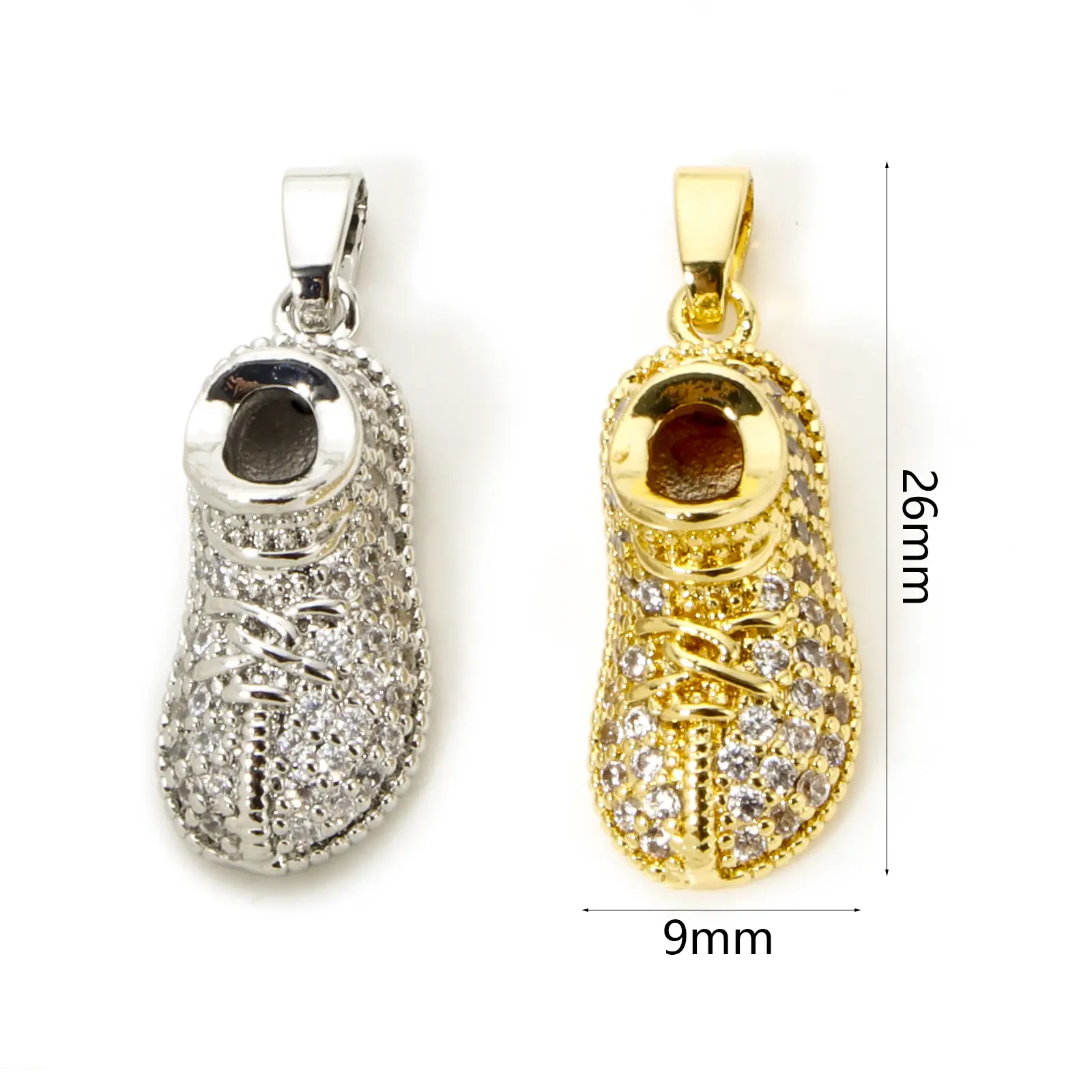 2 Piece Brass Micro Pave Charm Pendant Shoes 3D Clear Cubic Zirconia Pendants For DIY Jewelry Necklace Making 26mm x 9mm