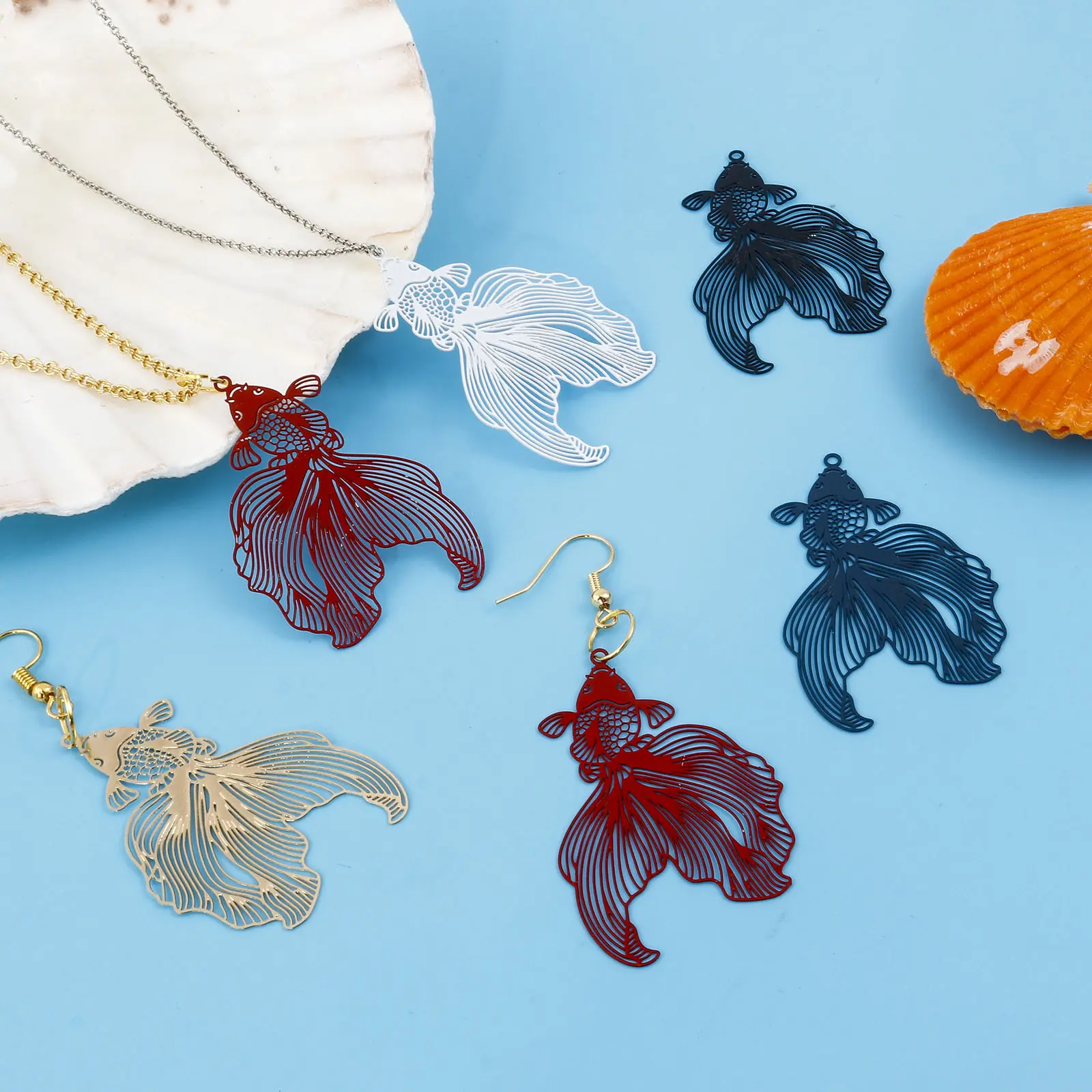 10PCs Iron Alloy Filigree Stamping Pendants Multicolor Goldfish Filigree Painted Metal Charms DIY Earrings Jewelry 4.8cmx3.1cm