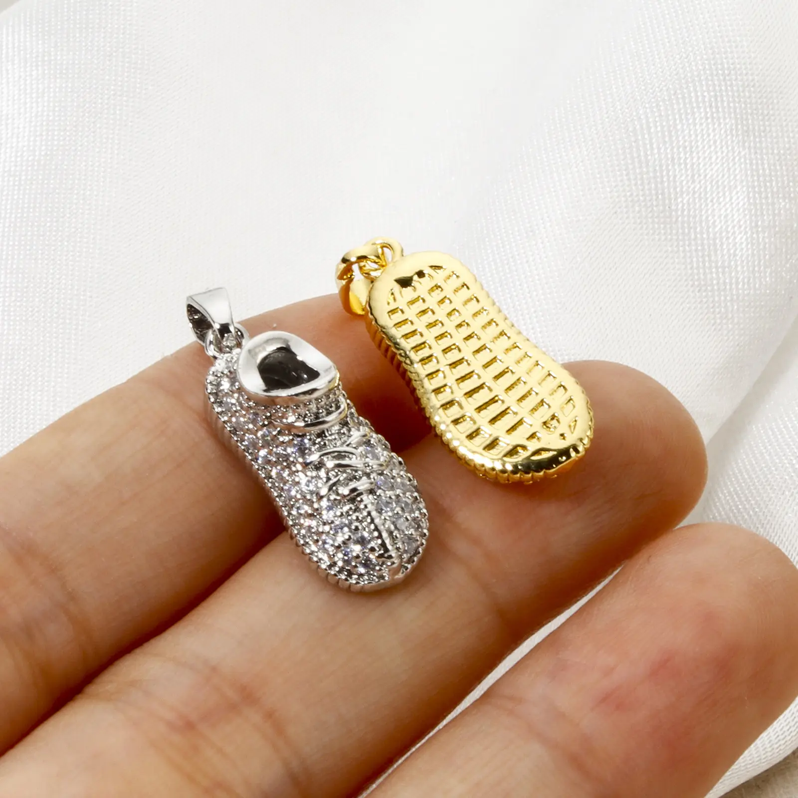 2 Piece Brass Micro Pave Charm Pendant Shoes 3D Clear Cubic Zirconia Pendants For DIY Jewelry Necklace Making 26mm x 9mm