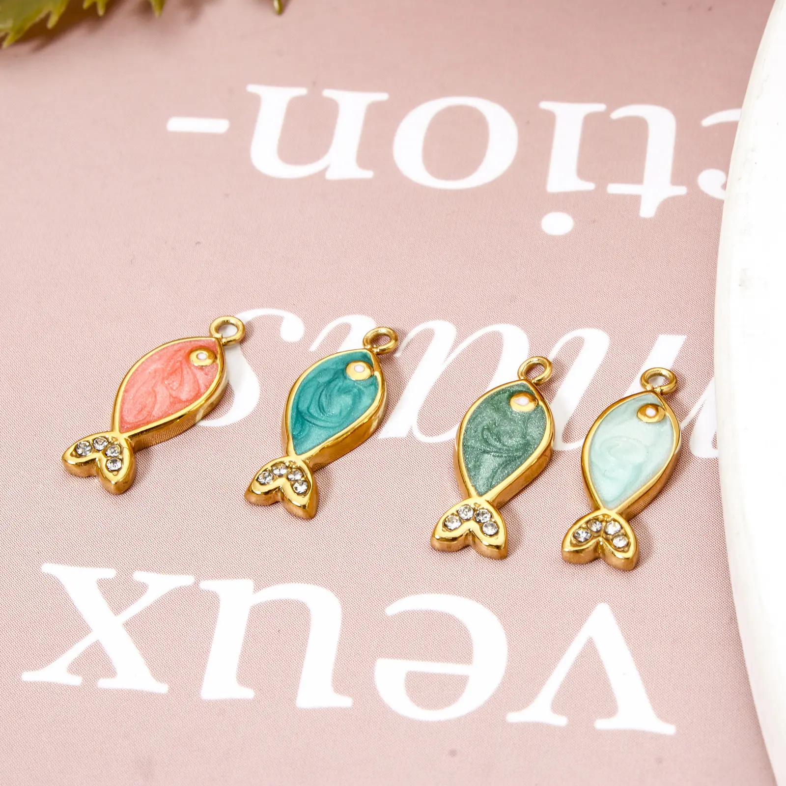 1 Piece 304 Stainless Steel Ocean Jewelry Charms 14K Gold Plated Fish Animal Enamel Clear Rhinestone Pendants Necklace 6mm x 6mm