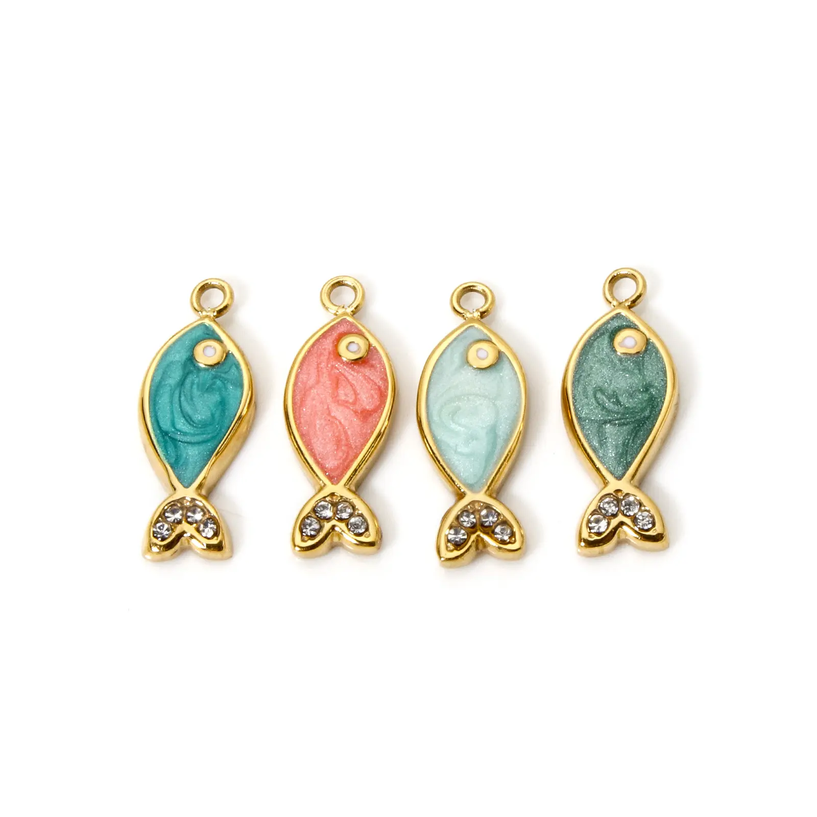 1 Piece 304 Stainless Steel Ocean Jewelry Charms 14K Gold Plated Fish Animal Enamel Clear Rhinestone Pendants Necklace 6mm x 6mm