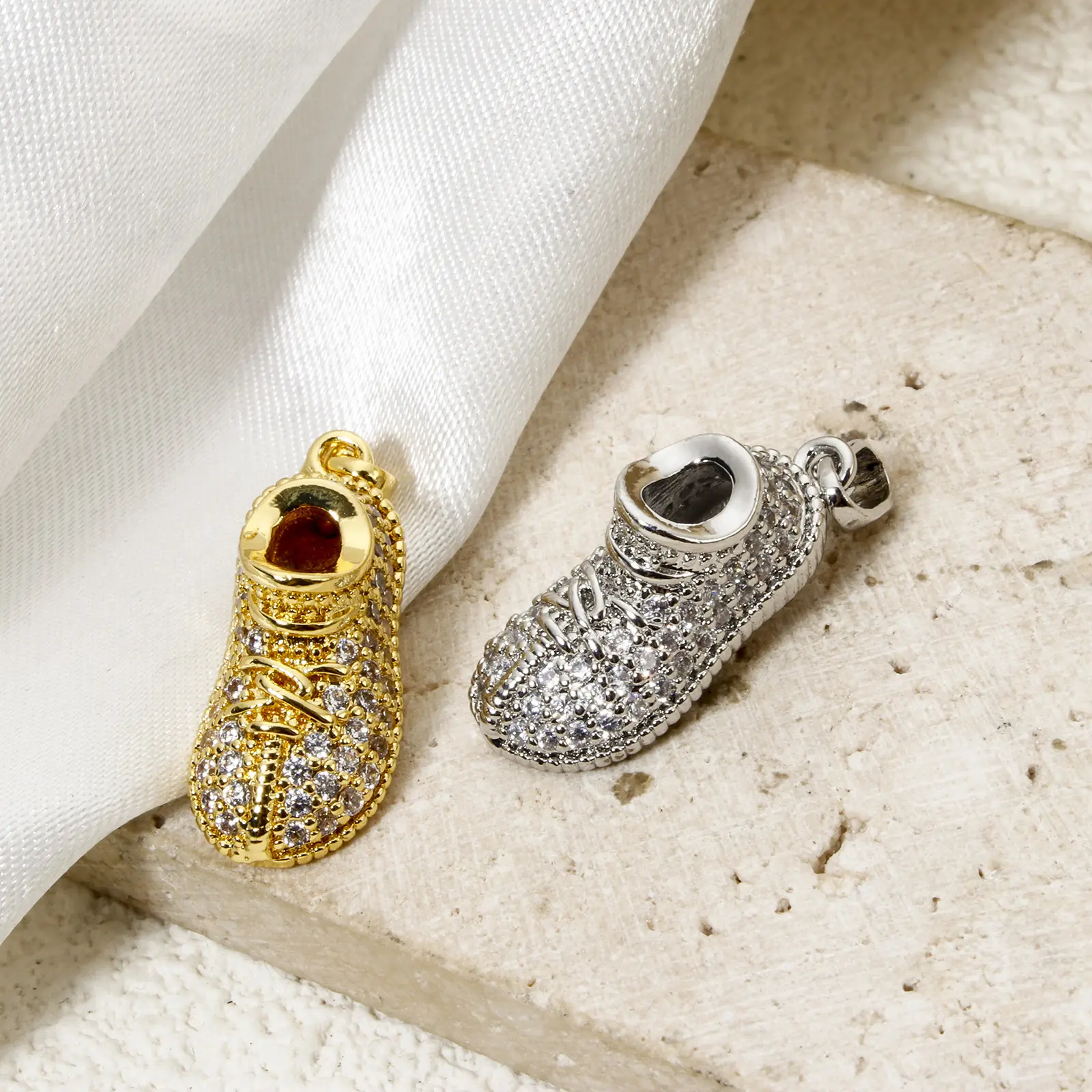 2 Piece Brass Micro Pave Charm Pendant Shoes 3D Clear Cubic Zirconia Pendants For DIY Jewelry Necklace Making 26mm x 9mm