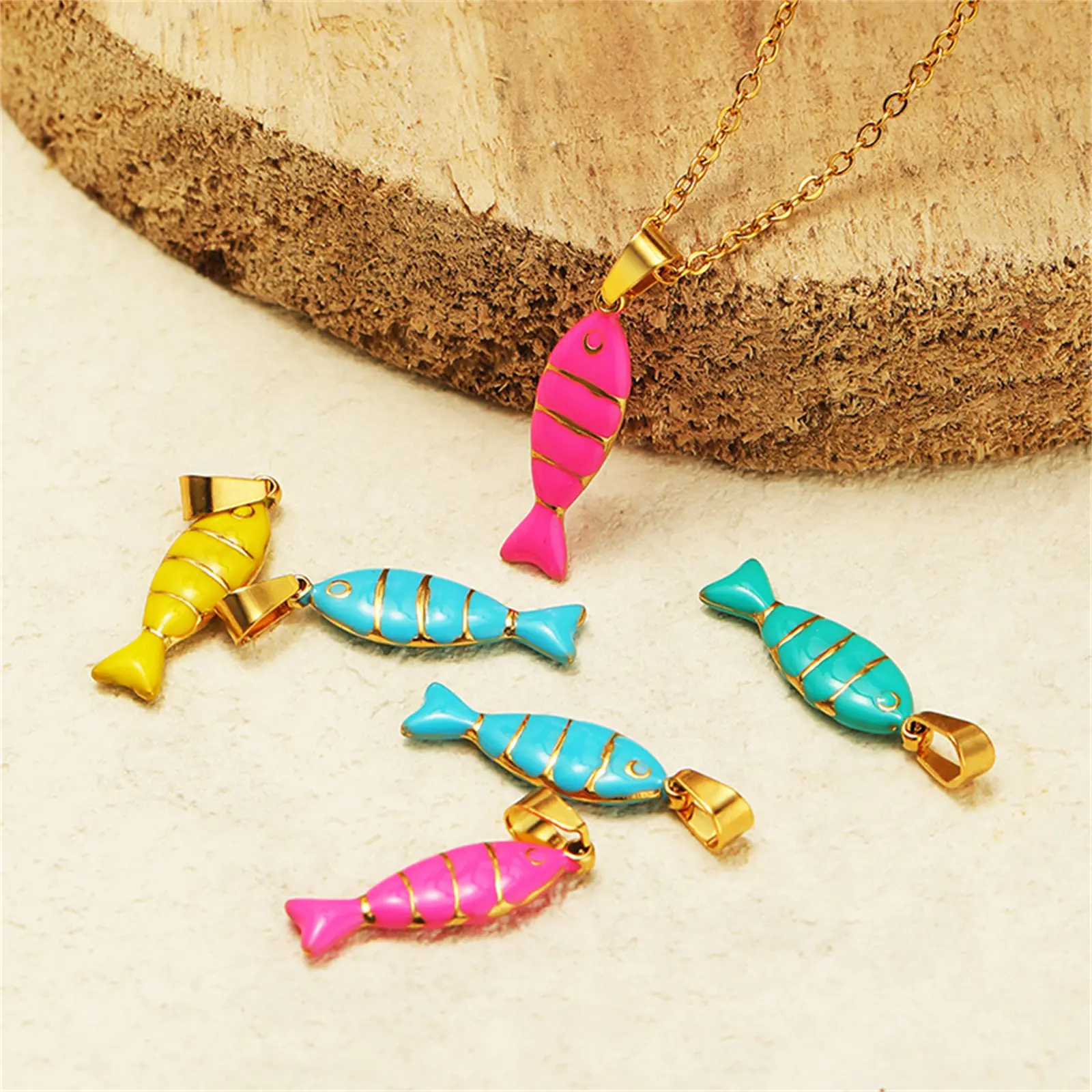 304 Stainless Steel Charm Pendant Gold Color Fish Animal Double-sided Enamel For DIY Neckalce Jewelry Making 28mm x 7mm, 1 Piece