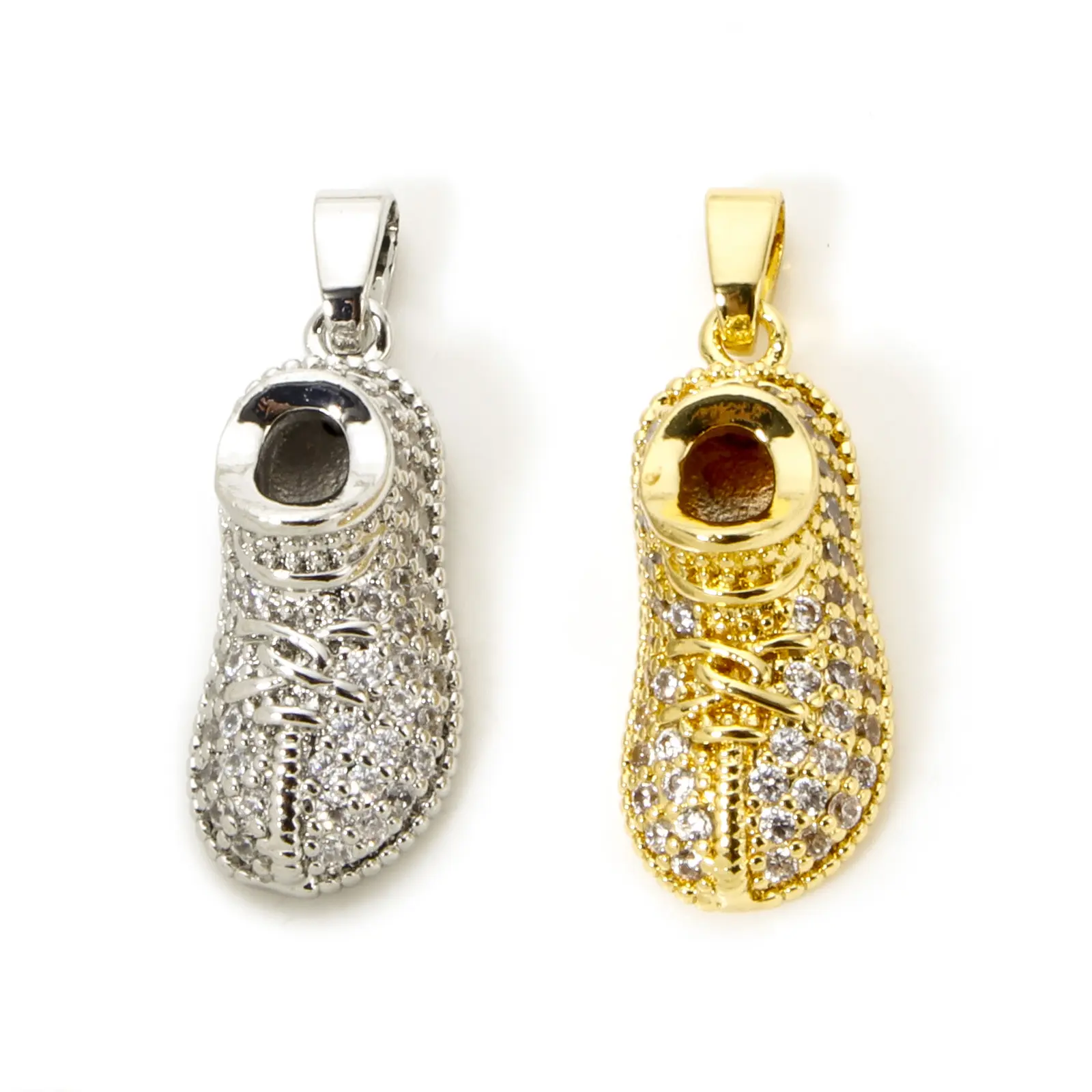 2 Piece Brass Micro Pave Charm Pendant Shoes 3D Clear Cubic Zirconia Pendants For DIY Jewelry Necklace Making 26mm x 9mm