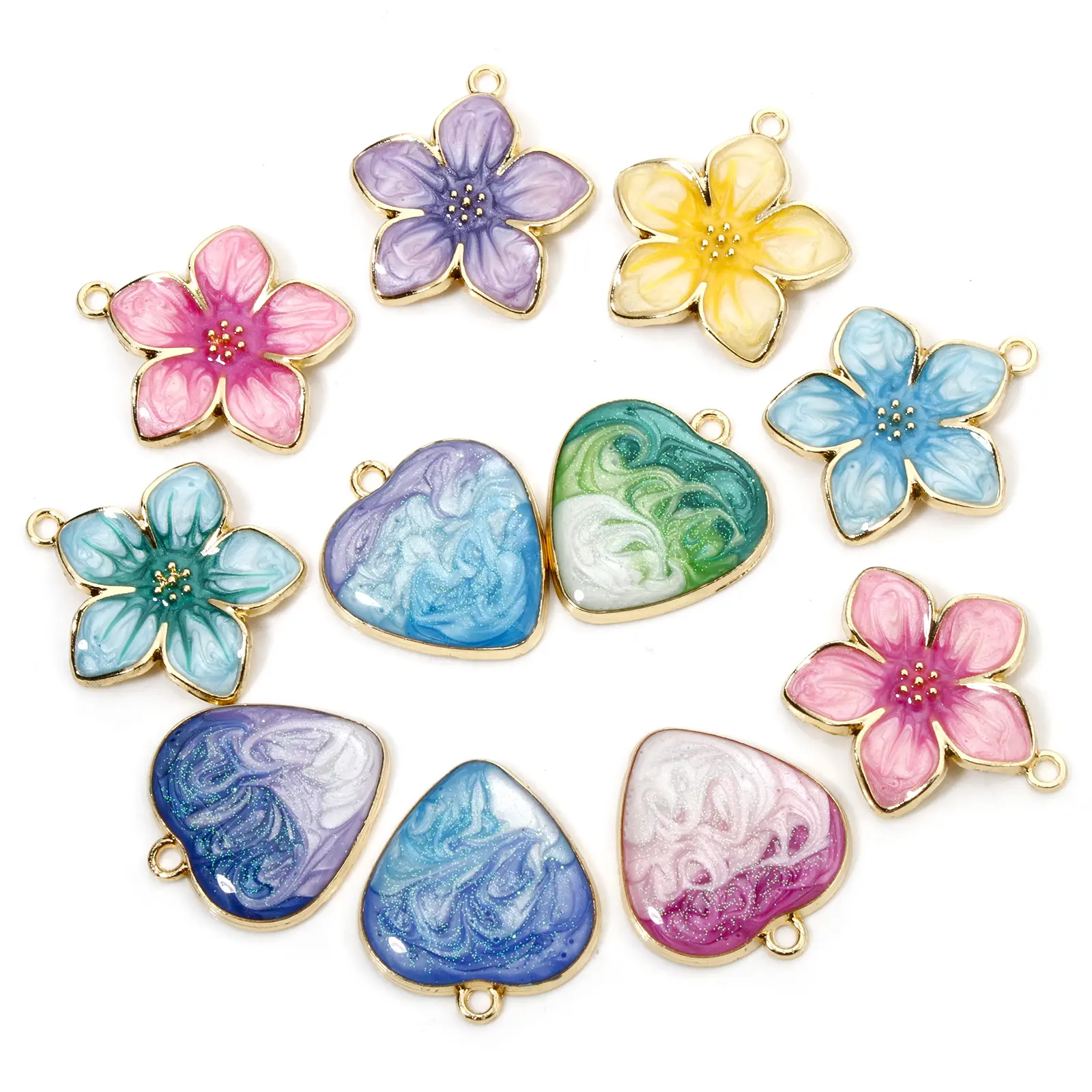5 PCs Zinc Based Alloy Charms For Jewelry Making Gold Color Gradient Color Multicolor Pearlized Flower Heart Enamel Pendants DIY