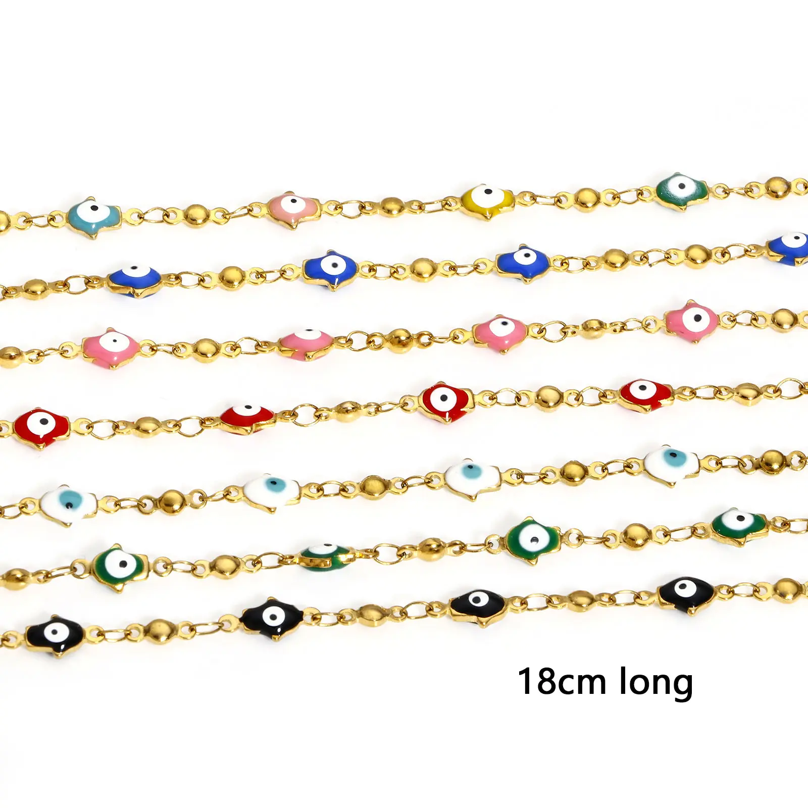304 Stainless Steel Religious Bracelets Gold Color Hamsa Symbol Hand Evil Eye Double-sided Enamel Bracelet 18cm long, 1 Piece