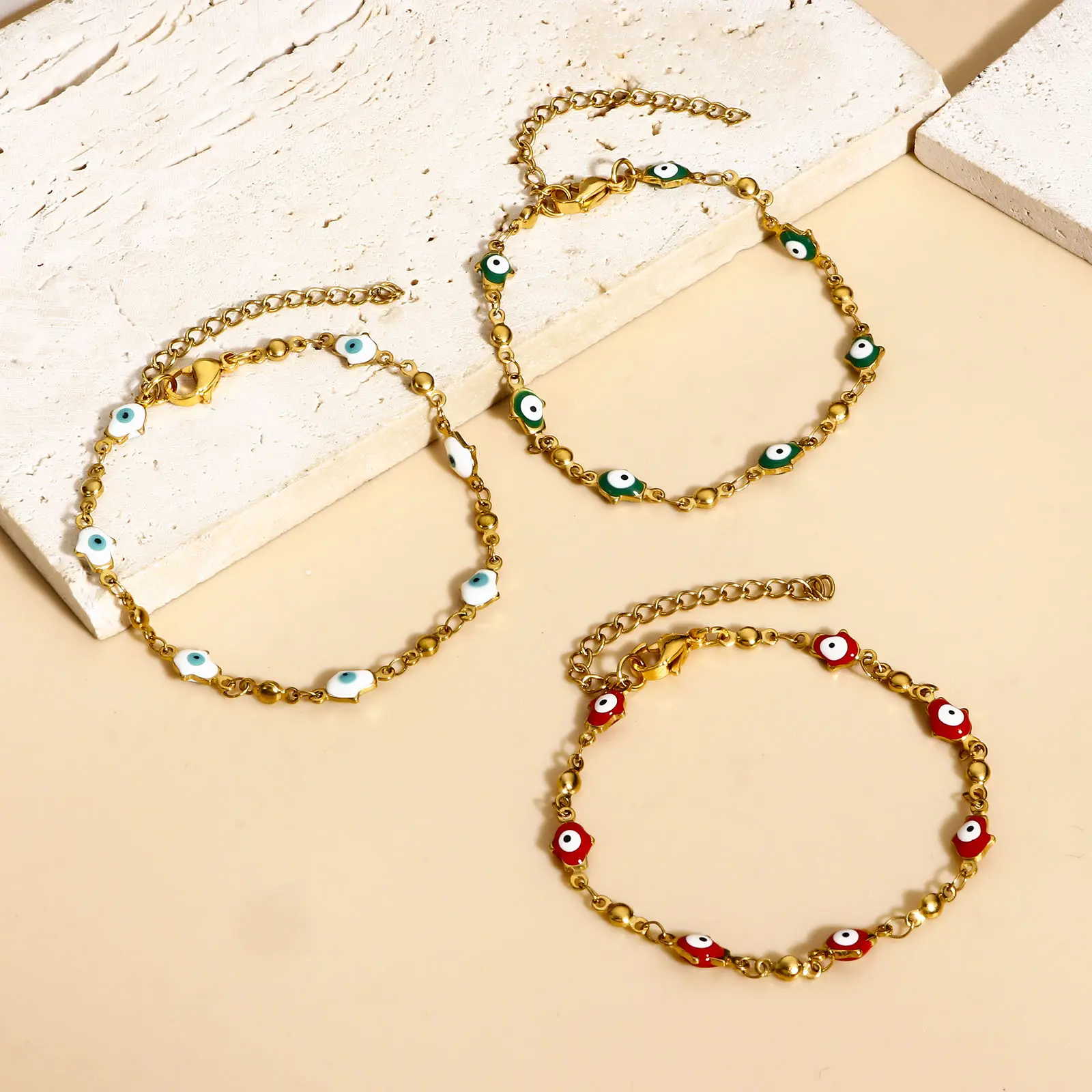 304 Stainless Steel Religious Bracelets Gold Color Hamsa Symbol Hand Evil Eye Double-sided Enamel Bracelet 18cm long, 1 Piece