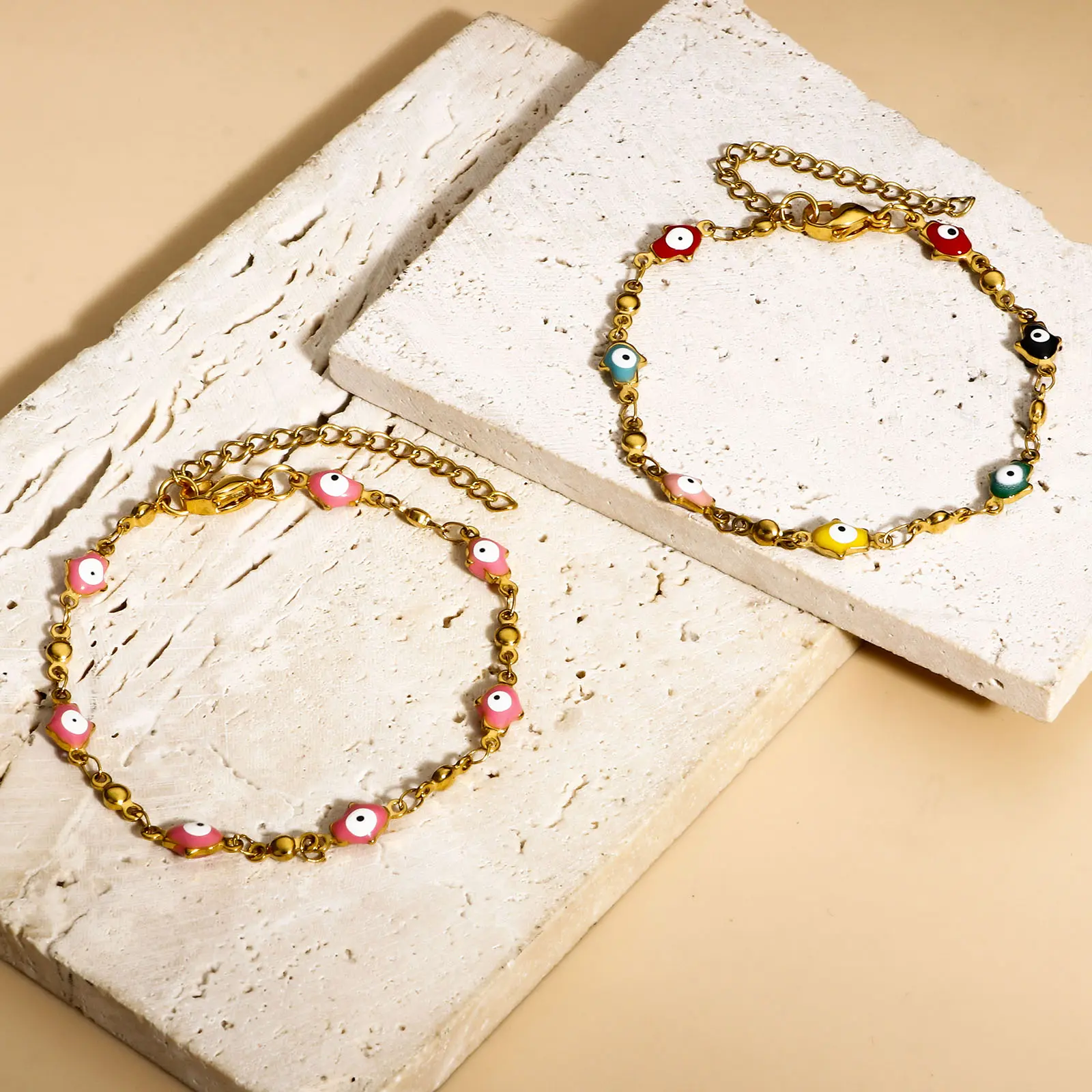 304 Stainless Steel Religious Bracelets Gold Color Hamsa Symbol Hand Evil Eye Double-sided Enamel Bracelet 18cm long, 1 Piece
