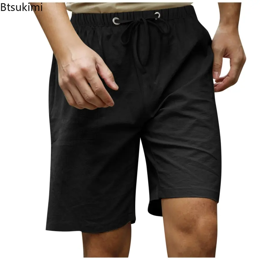 Summer New Men's Loose Casual Cotton Linen Shorts Simple Solid Drawstring Beach Short Pants Men Breathable Sweatpants Shorts 5XL