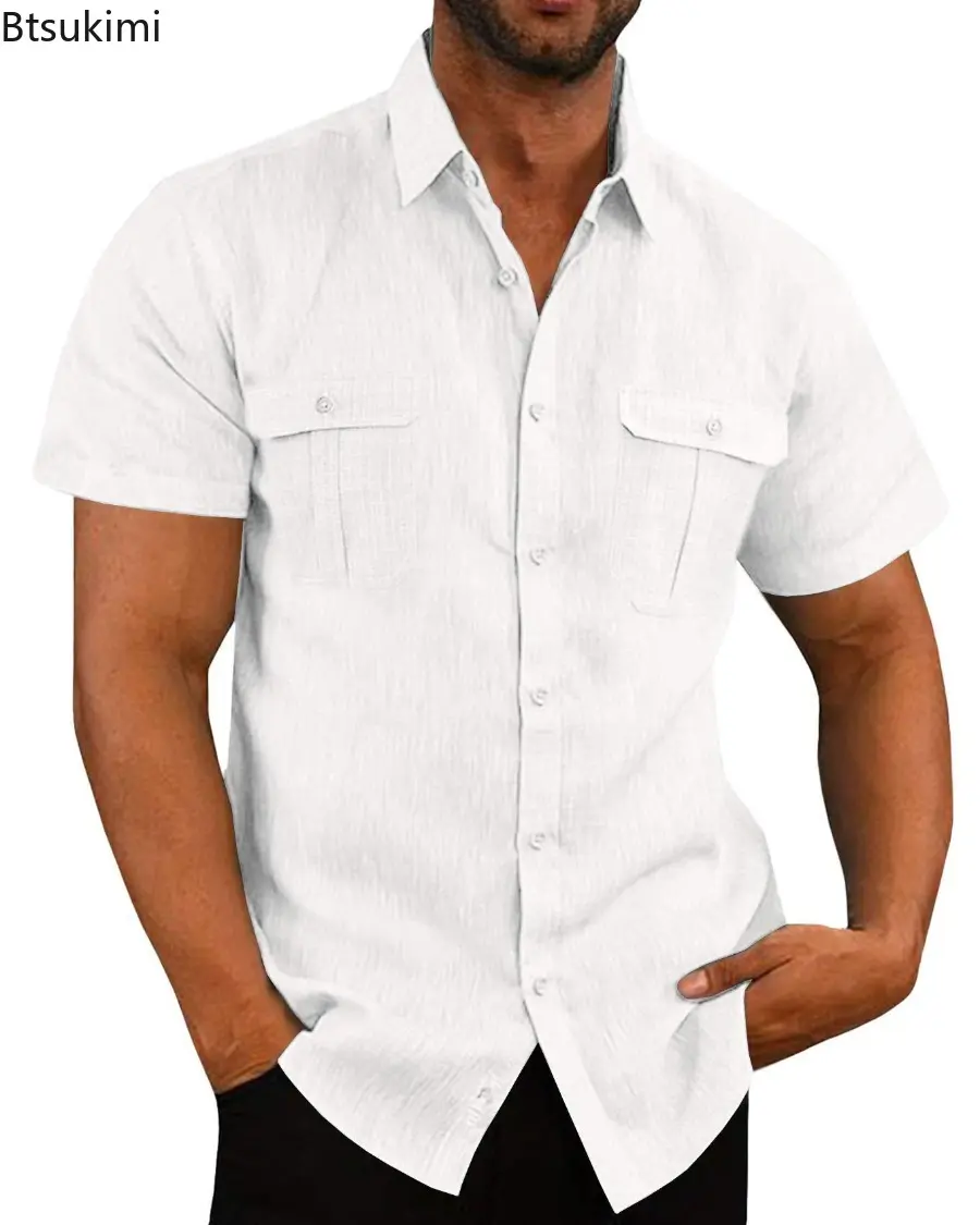 2025 Men's Cotton Linen Short-Sleeved Shirts Summer Solid Color Turn-down Collar Loose Shirts Casual Fashion Daily Vacation Tops