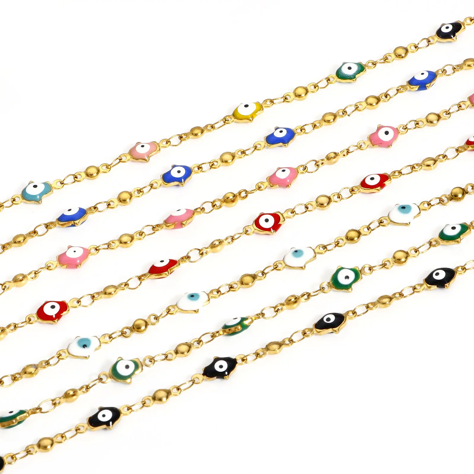 304 Stainless Steel Religious Bracelets Gold Color Hamsa Symbol Hand Evil Eye Double-sided Enamel Bracelet 18cm long, 1 Piece