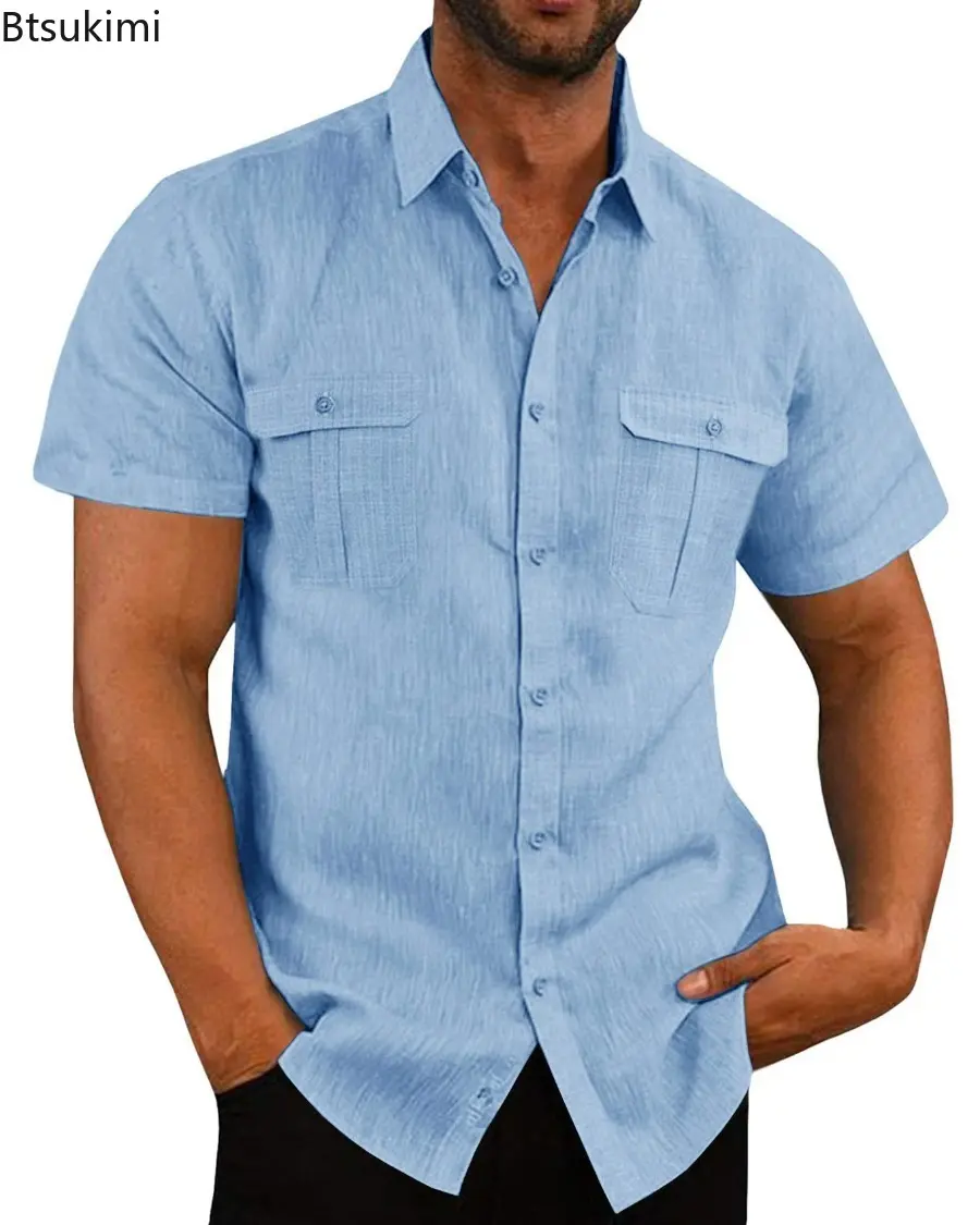 2025 Men's Cotton Linen Short-Sleeved Shirts Summer Solid Color Turn-down Collar Loose Shirts Casual Fashion Daily Vacation Tops