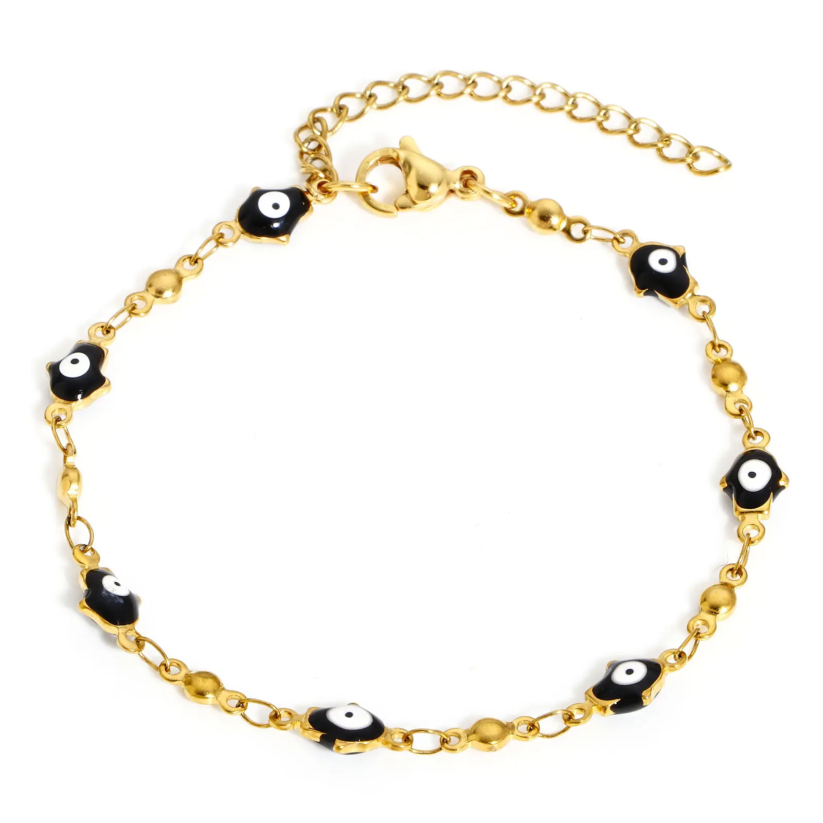 304 Stainless Steel Religious Bracelets Gold Color Hamsa Symbol Hand Evil Eye Double-sided Enamel Bracelet 18cm long, 1 Piece