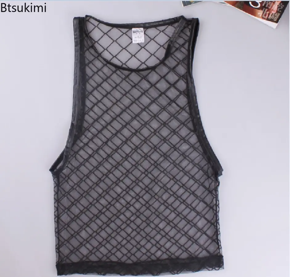 Men O-Neck Vest Mesh Transparent Sexy Home Vest Leisure Elasticity Tight Fashion Solid Color Versatile See-through Blouses Top