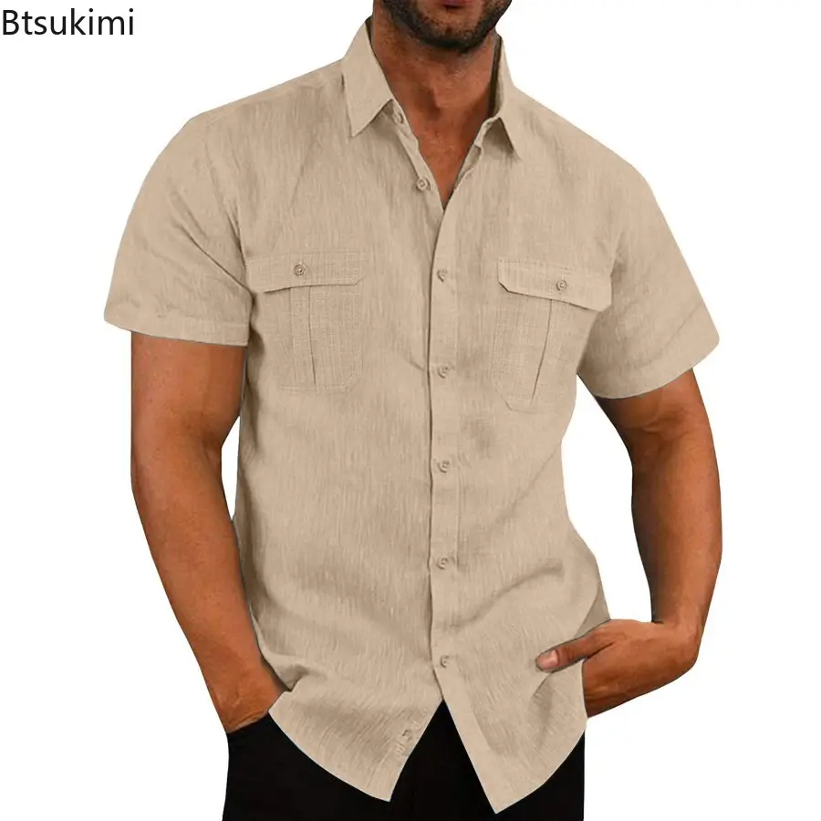 2025 Men's Cotton Linen Short-Sleeved Shirts Summer Solid Color Turn-down Collar Loose Shirts Casual Fashion Daily Vacation Tops