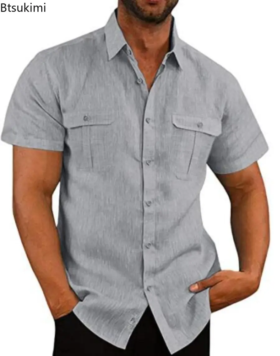 2025 Men's Cotton Linen Short-Sleeved Shirts Summer Solid Color Turn-down Collar Loose Shirts Casual Fashion Daily Vacation Tops