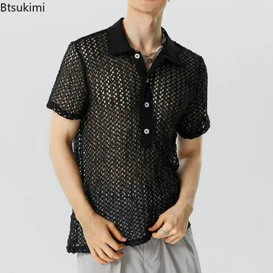 2025 Summer Hollow Out Knitted Short Sleeve T-shirts for Men Sexy Breathable See Through Mesh Shirt Men's Casual Tops Streetwear