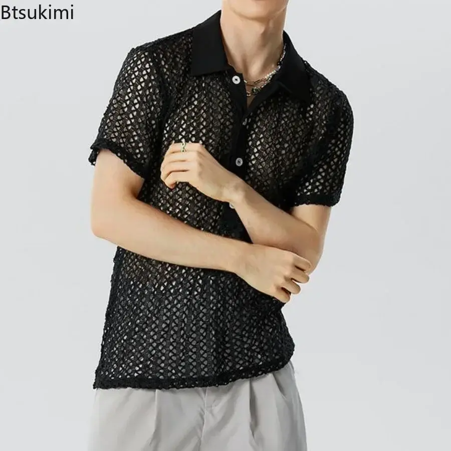 2025 Summer Hollow Out Knitted Short Sleeve T-shirts for Men Sexy Breathable See Through Mesh Shirt Men's Casual Tops Streetwear