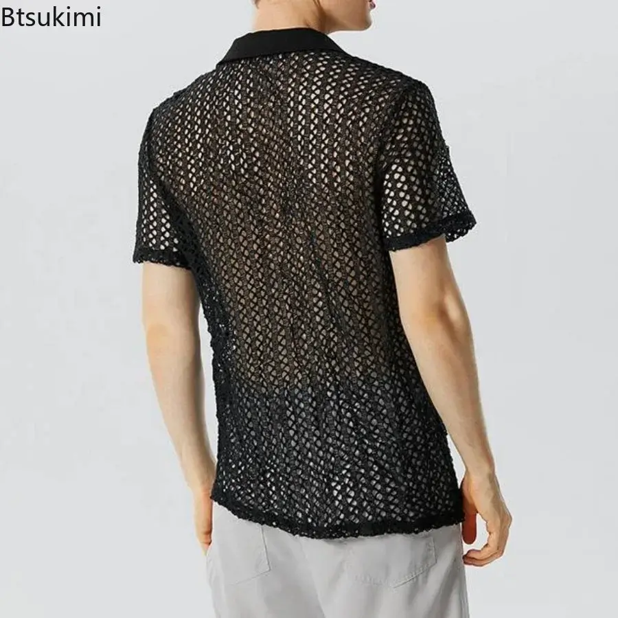 2025 Summer Hollow Out Knitted Short Sleeve T-shirts for Men Sexy Breathable See Through Mesh Shirt Men's Casual Tops Streetwear