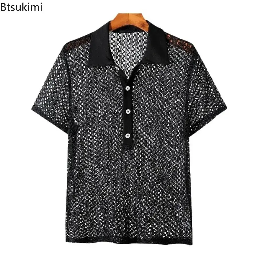2025 Summer Hollow Out Knitted Short Sleeve T-shirts for Men Sexy Breathable See Through Mesh Shirt Men's Casual Tops Streetwear