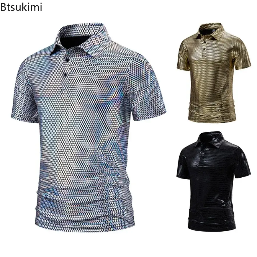 2025 Fashion Shiny Singer Hipster Stage Costume Men's Vintage 70s Disco Nightclub Short-sleeved T-shirts Lapel Button Polo Shirt