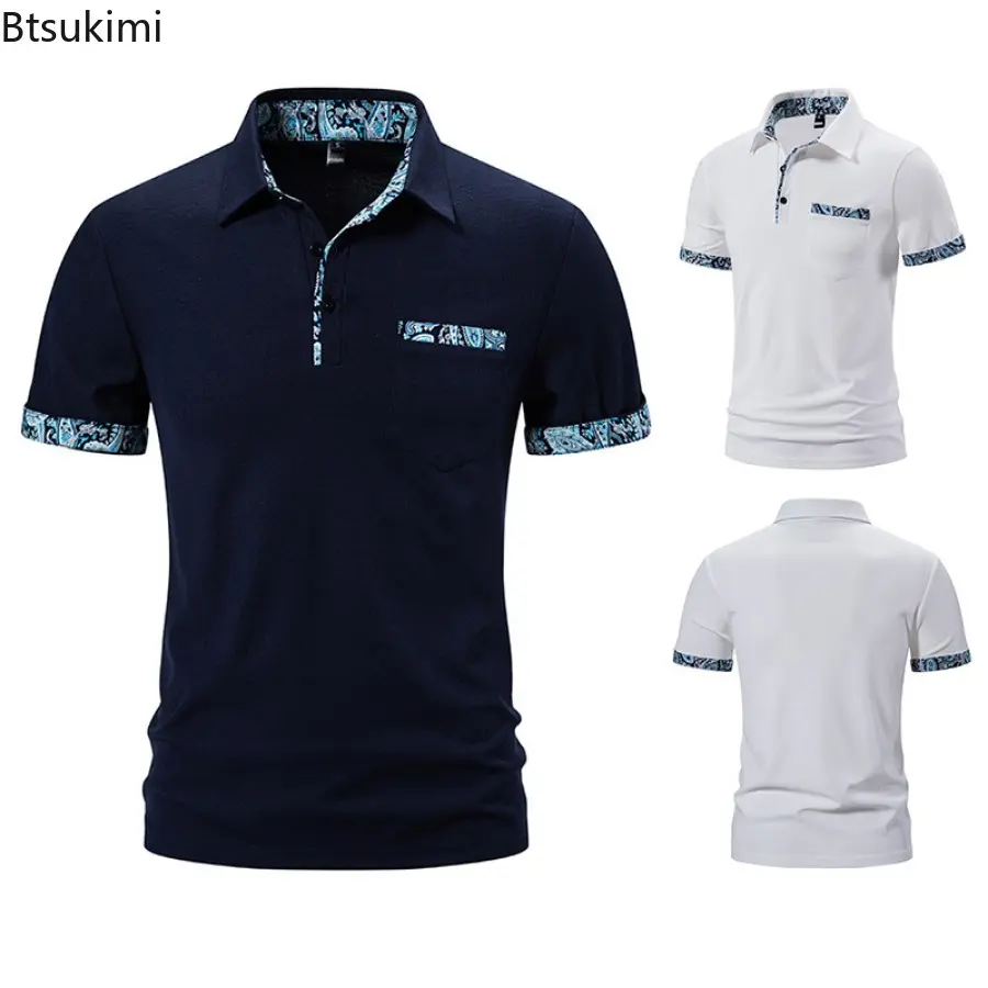Summer New Men's Paisley Short Sleeve T-shirt Fashion Patchwork  Contrast Color Design Lapel Business Casual Polo Shirts for Men
