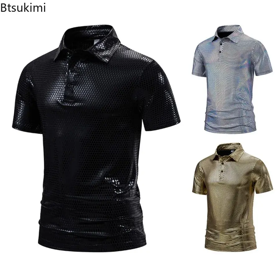 2025 Fashion Shiny Singer Hipster Stage Costume Men's Vintage 70s Disco Nightclub Short-sleeved T-shirts Lapel Button Polo Shirt