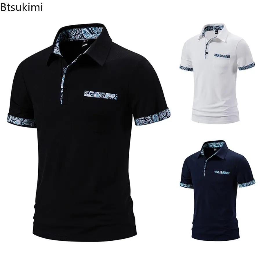 Summer New Men's Paisley Short Sleeve T-shirt Fashion Patchwork  Contrast Color Design Lapel Business Casual Polo Shirts for Men