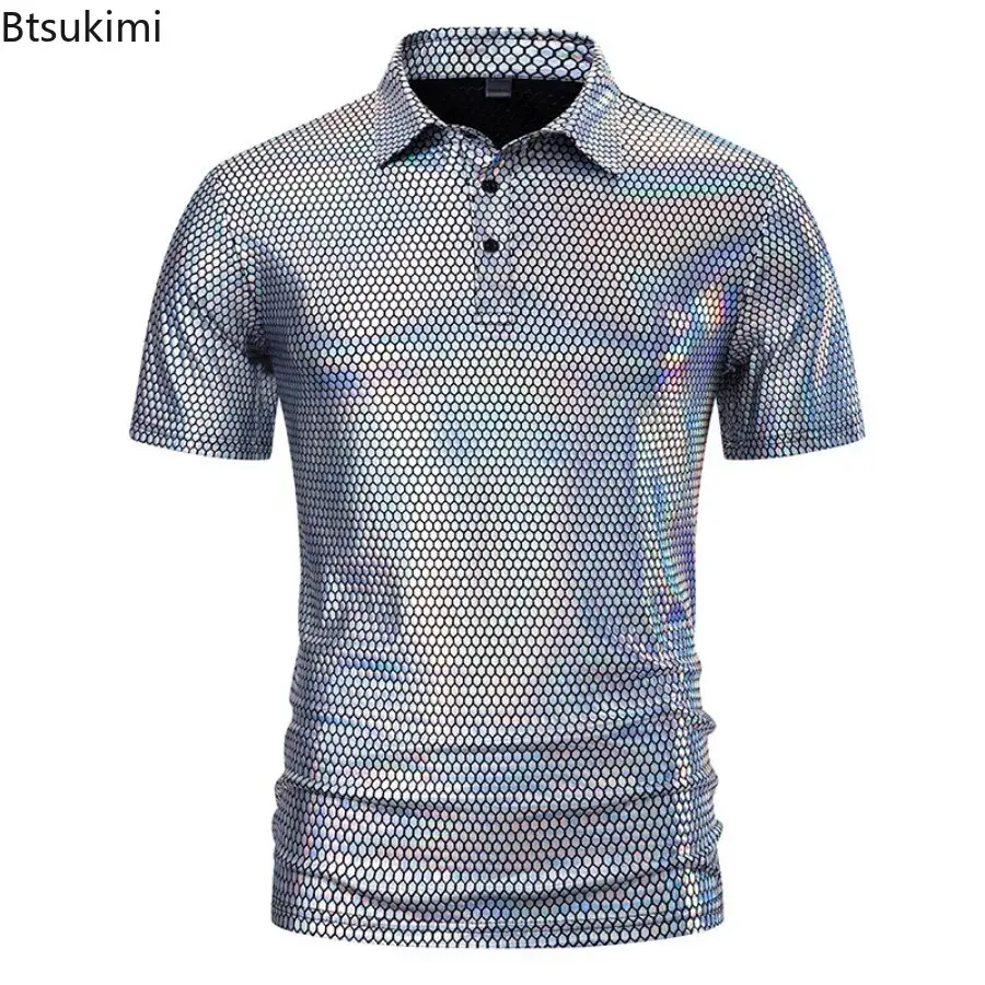 2025 Fashion Shiny Singer Hipster Stage Costume Men's Vintage 70s Disco Nightclub Short-sleeved T-shirts Lapel Button Polo Shirt