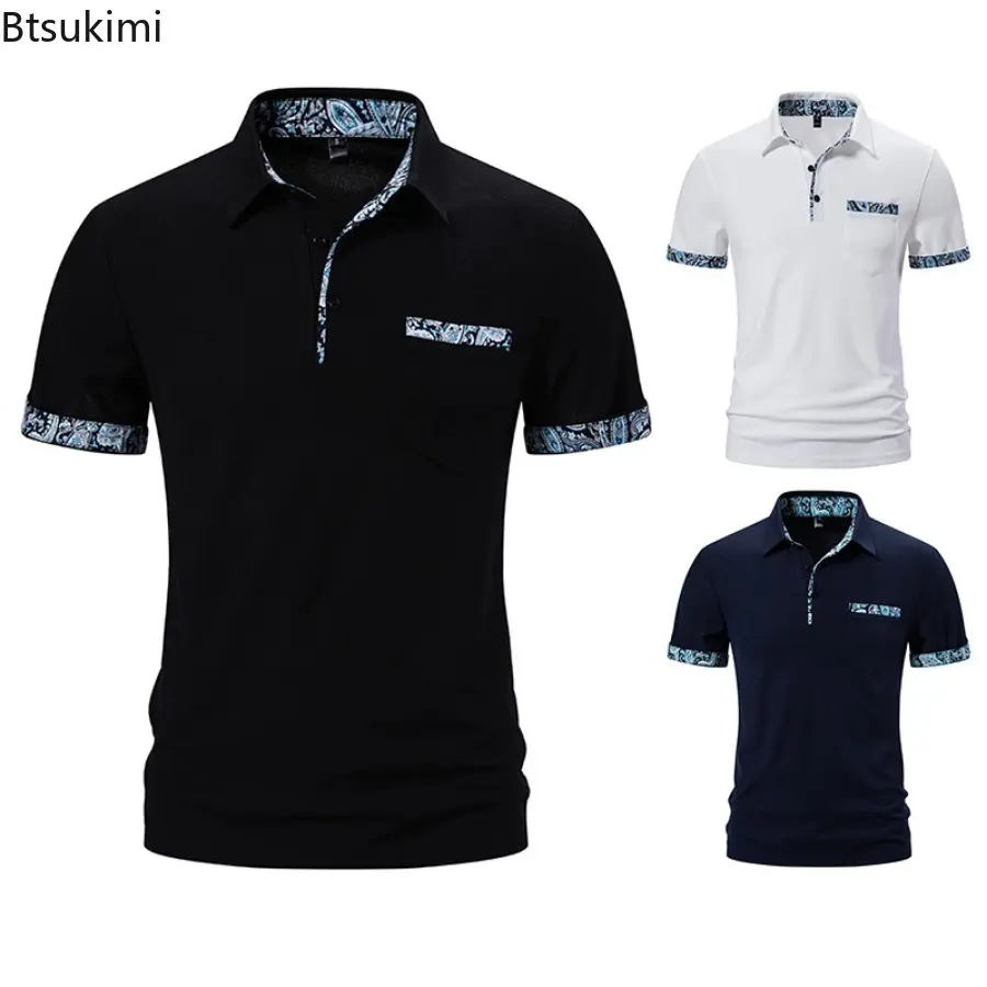 Summer New Men's Paisley Short Sleeve T-shirt Fashion Patchwork  Contrast Color Design Lapel Business Casual Polo Shirts for Men