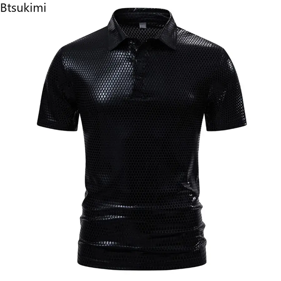 2025 Fashion Shiny Singer Hipster Stage Costume Men's Vintage 70s Disco Nightclub Short-sleeved T-shirts Lapel Button Polo Shirt
