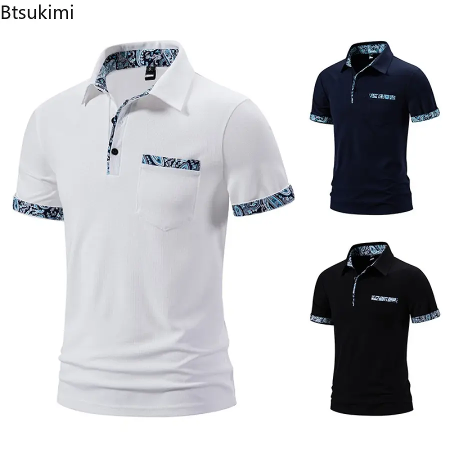 Summer New Men's Paisley Short Sleeve T-shirt Fashion Patchwork  Contrast Color Design Lapel Business Casual Polo Shirts for Men