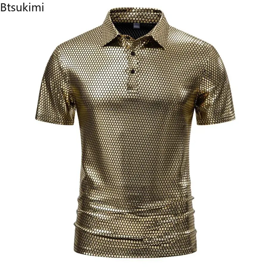 2025 Fashion Shiny Singer Hipster Stage Costume Men's Vintage 70s Disco Nightclub Short-sleeved T-shirts Lapel Button Polo Shirt