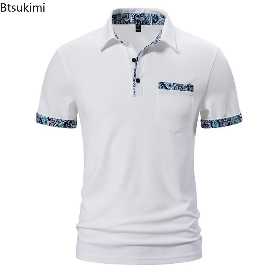 Summer New Men's Paisley Short Sleeve T-shirt Fashion Patchwork  Contrast Color Design Lapel Business Casual Polo Shirts for Men