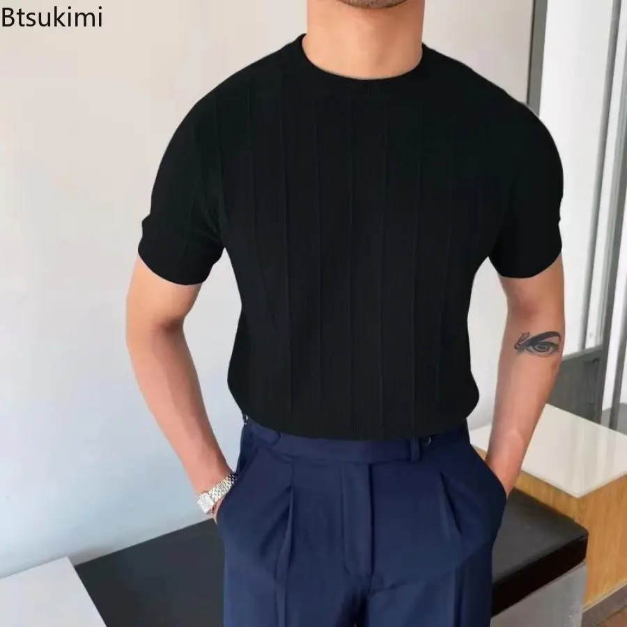 2025 Summer Men's Knitted Short-sleeve T-shirts Light Luxury Striped O-neck Knitting Pullover Men Fashion Solid Thin Casual Tops