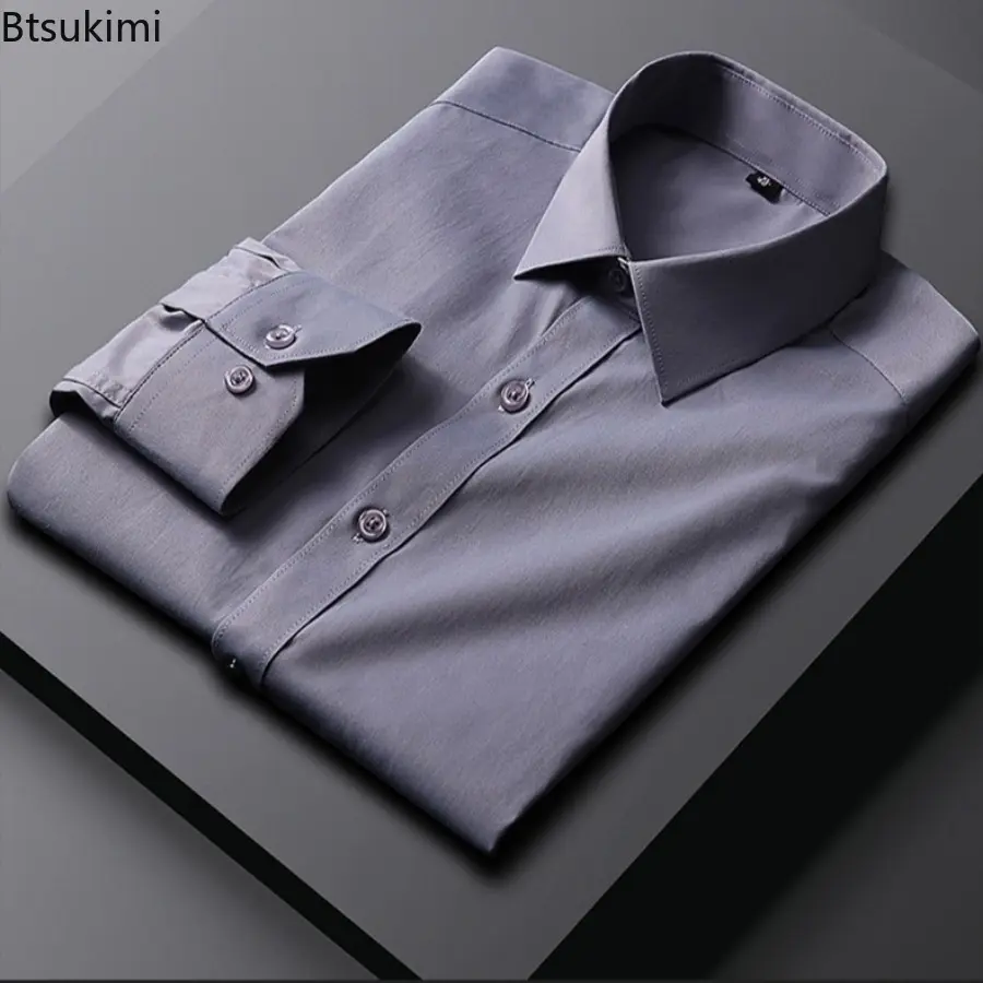 2025 Men's Spring Business Casual Shirts Fashion Solid Slim Long-sleeved Office Social Formal Shirts Men Dress Shirts Oversized