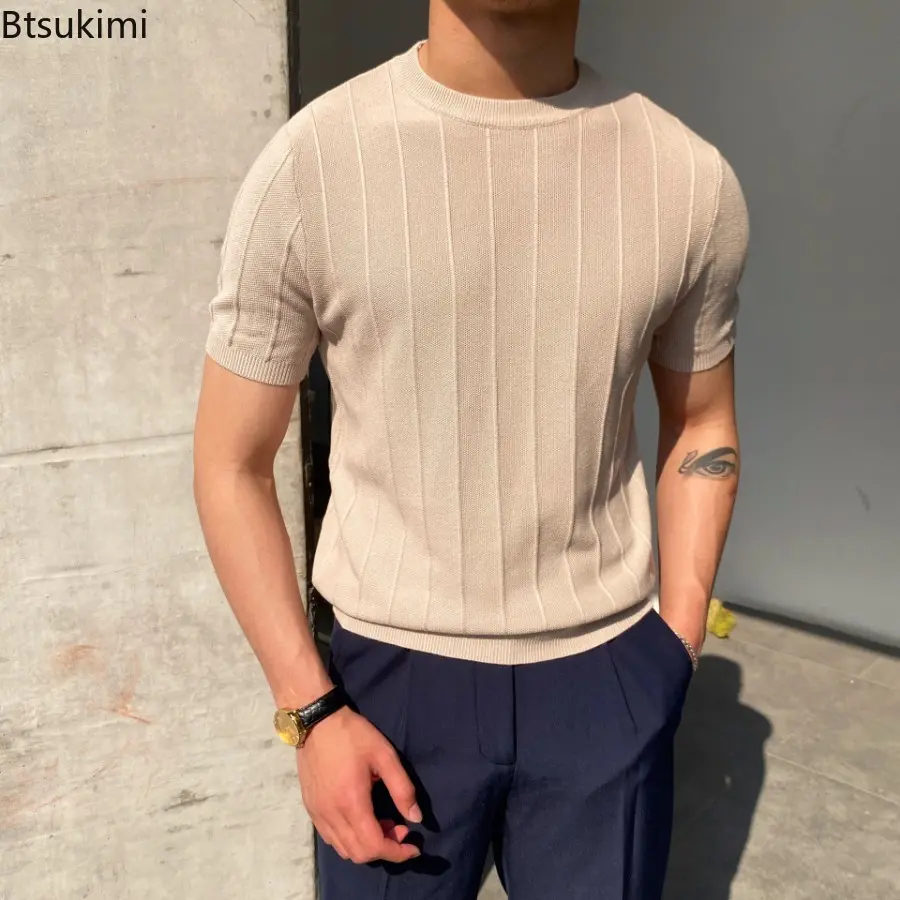 2025 Summer Men's Knitted Short-sleeve T-shirts Light Luxury Striped O-neck Knitting Pullover Men Fashion Solid Thin Casual Tops