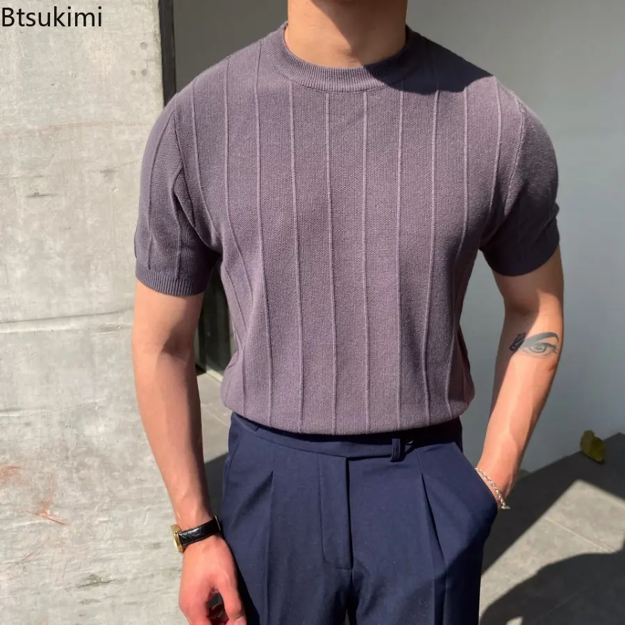 2025 Summer Men's Knitted Short-sleeve T-shirts Light Luxury Striped O-neck Knitting Pullover Men Fashion Solid Thin Casual Tops