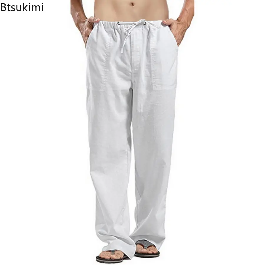 Plus Size Men's Cotton Linen Pants Summer Solid Loose Casual Breathable Trouser Man Drawstring Elastic Waist Sport Fitness Pants