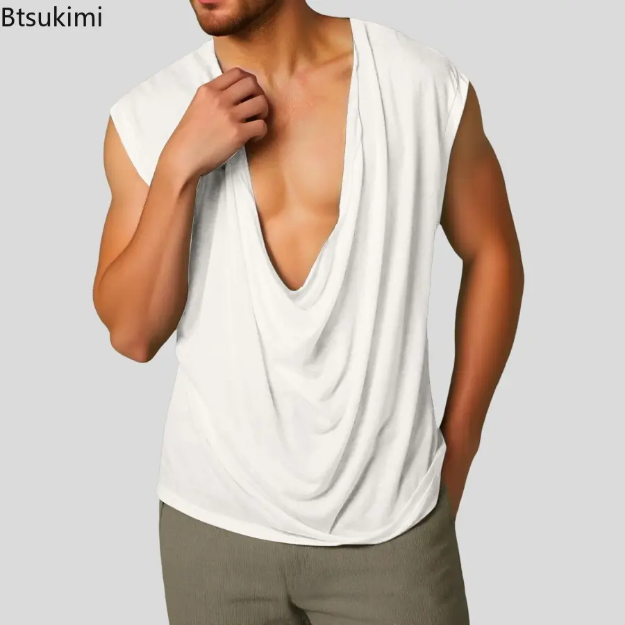 Summer New Men Tank Tops Solid Color Dangling Neck Sleeveless Fashion Casual  Male Vests 2025 Streetwear Leisure Men Clothing