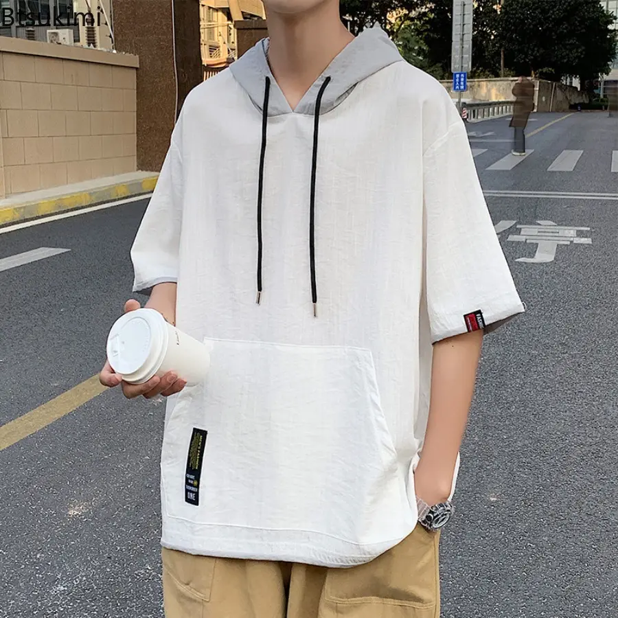 Men's Short Sleeve Short Sleeved Sweatshirt Summer Casual Loose Youth T-shirt Cotton and Linen Fabric Regular Sleeve Shirt Male