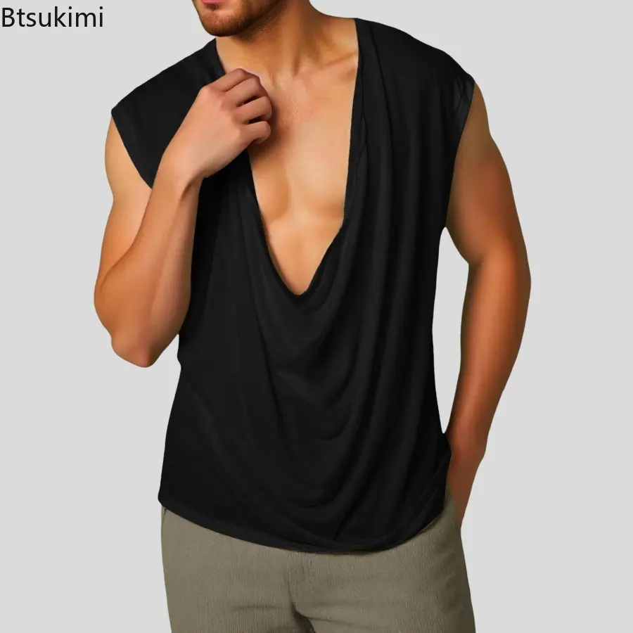 Summer New Men Tank Tops Solid Color Dangling Neck Sleeveless Fashion Casual  Male Vests 2025 Streetwear Leisure Men Clothing
