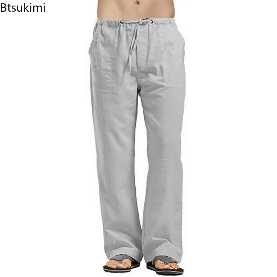 Plus Size Men's Cotton Linen Pants Summer Solid Loose Casual Breathable Trouser Man Drawstring Elastic Waist Sport Fitness Pants
