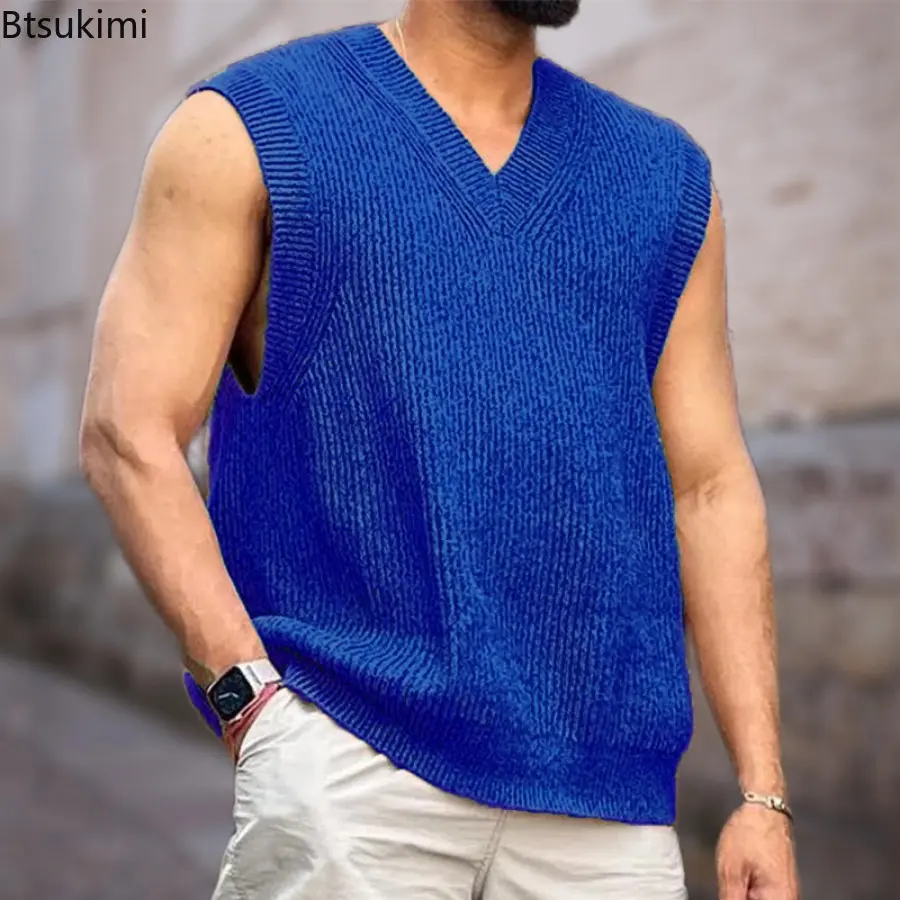 Fashion Street Style Knitted Sweaters Vest Summer Men's Sleeveless V-neck Solid Loose Casual Pullovers Tops Knit Tank Tops Male