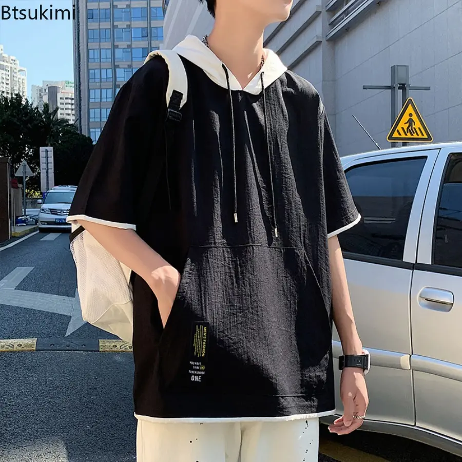 Men's Short Sleeve Short Sleeved Sweatshirt Summer Casual Loose Youth T-shirt Cotton and Linen Fabric Regular Sleeve Shirt Male