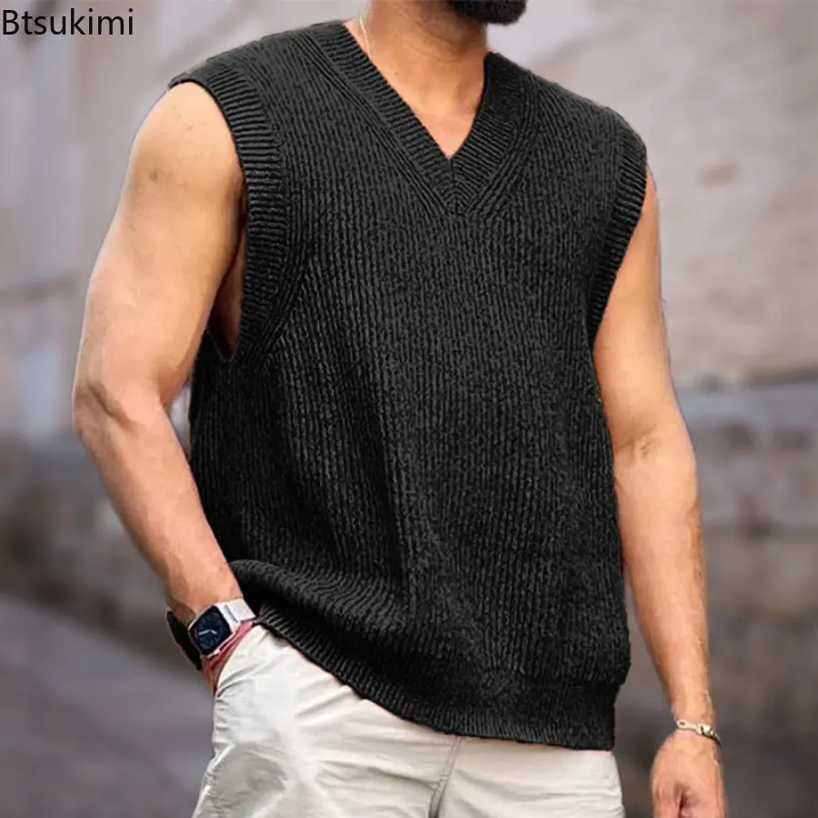 Fashion Street Style Knitted Sweaters Vest Summer Men's Sleeveless V-neck Solid Loose Casual Pullovers Tops Knit Tank Tops Male