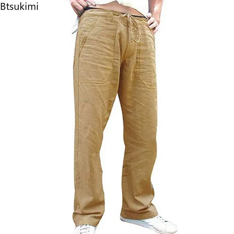 Plus Size Men's Cotton Linen Pants Summer Solid Loose Casual Breathable Trouser Man Drawstring Elastic Waist Sport Fitness Pants